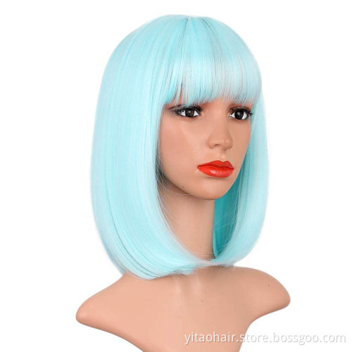 Natural Looking Pastel Mint Green Replacement Wig Neon Color Short Bob Hair with Bangs  Machine Made None Lace Synthetic Wig